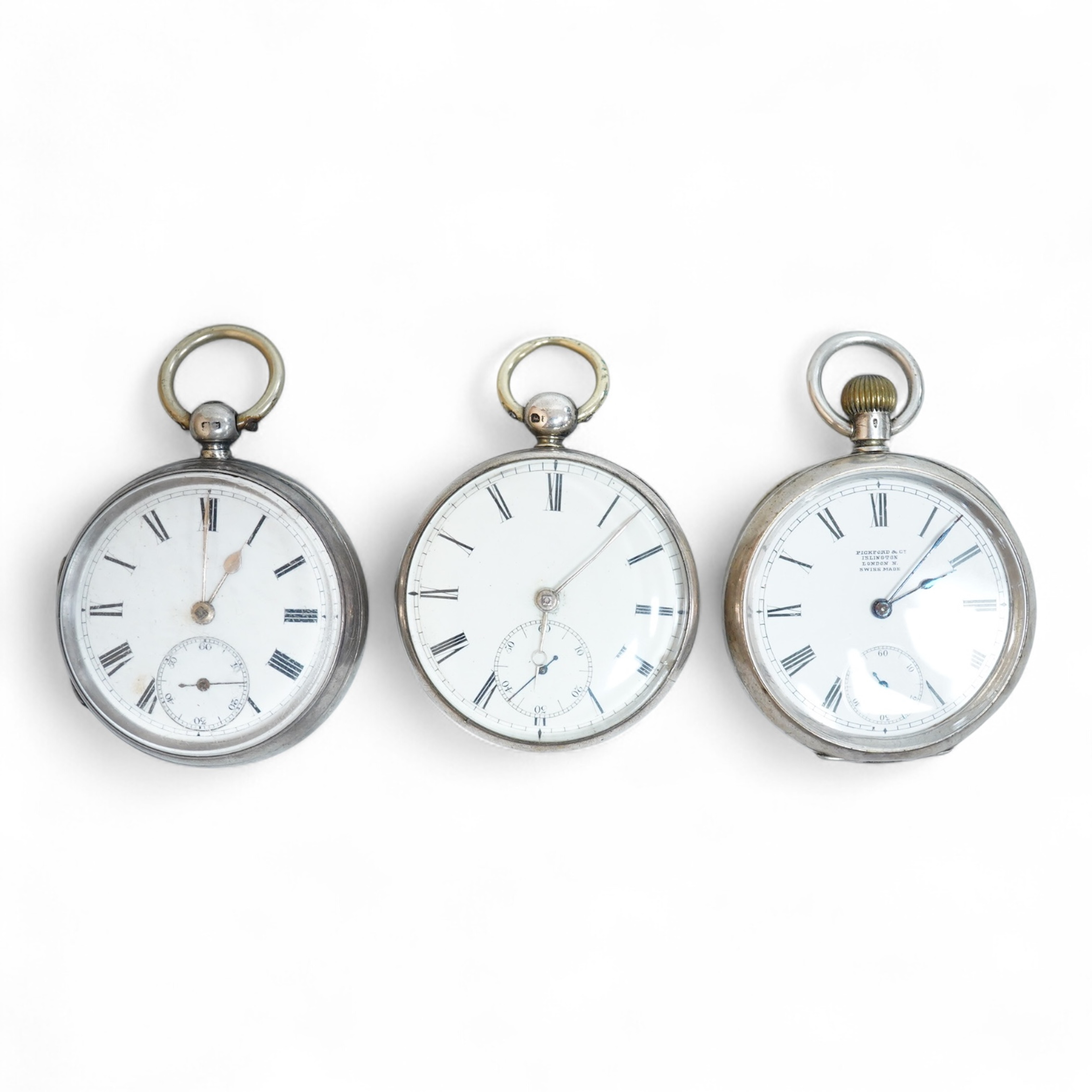 A late William IV silver open faced pocket watch, by William Latch, Newport, with Roman dial, together with a late Victorian silver open faced pocket watch and a Swiss 935 standard open faced pocket watch, retailed by Pi